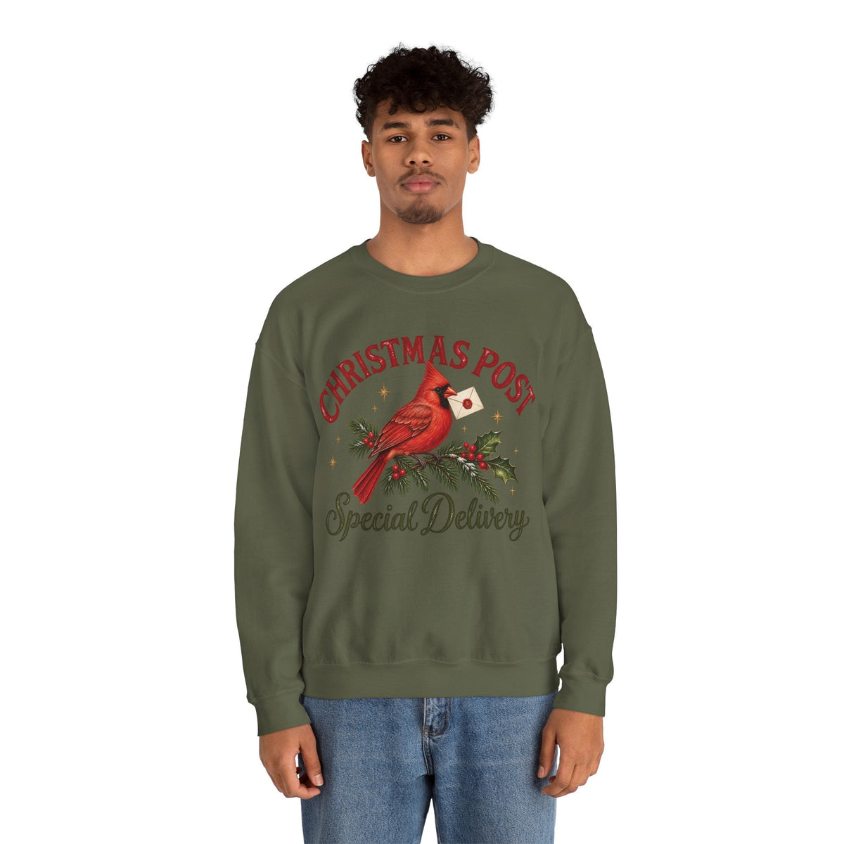 Wicked Thread Society olive green crewneck sweatshirt featuring a cardinal bird and Christmas Post graphic