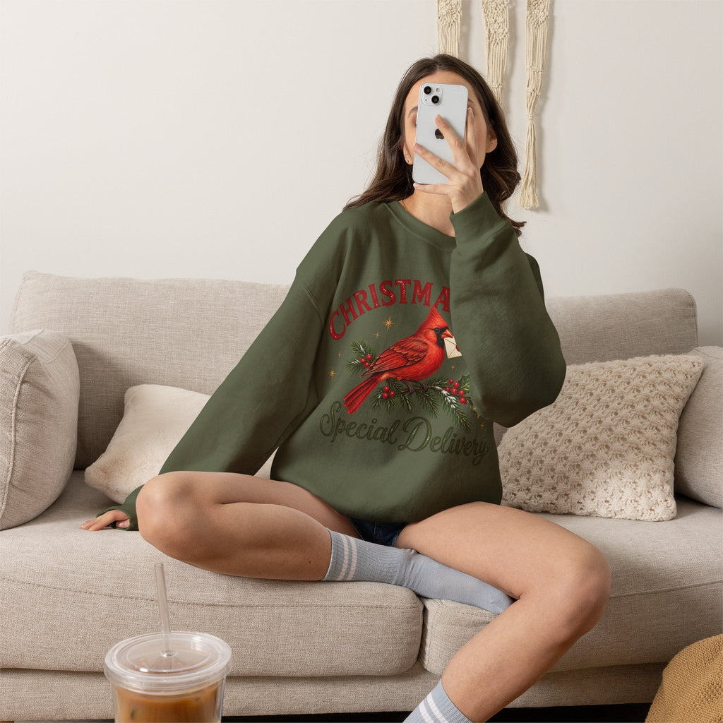 Wicked Thread Society olive green crewneck sweatshirt featuring a cardinal bird graphic and Christmas text