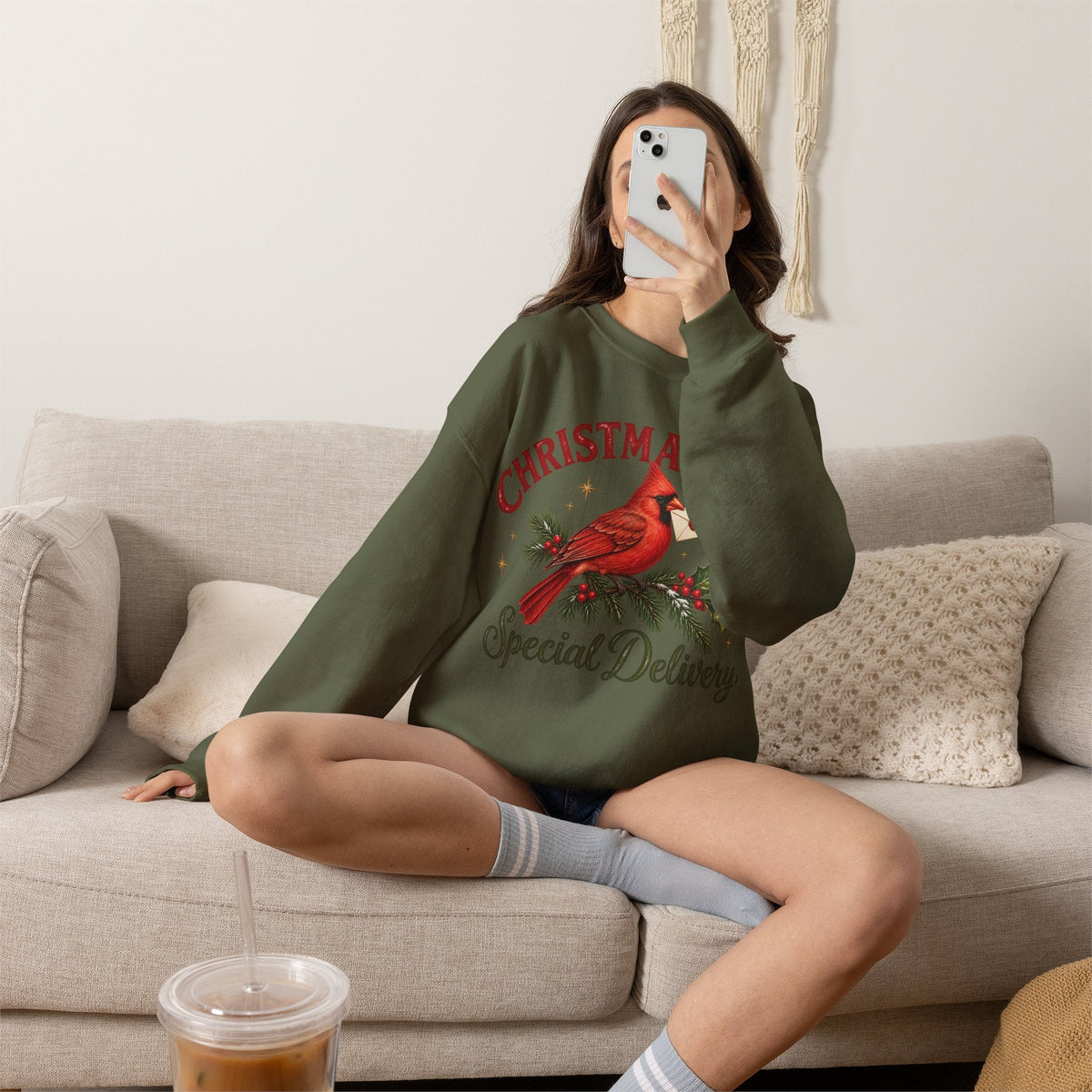 Wicked Thread Society olive green crewneck sweatshirt featuring a cardinal bird graphic and Christmas text