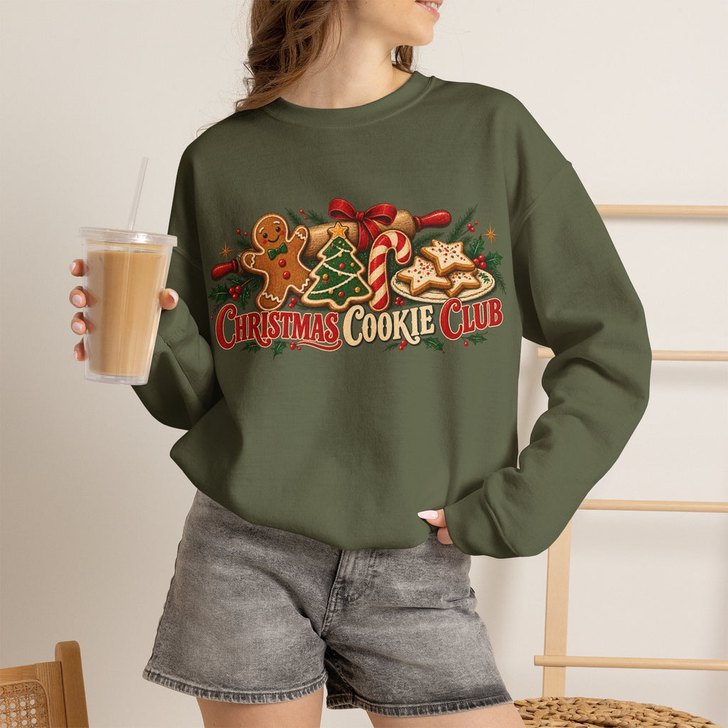 Wicked Thread Society olive green crewneck sweatshirt with Christmas cookie graphic, gingerbread men, and candy canes.