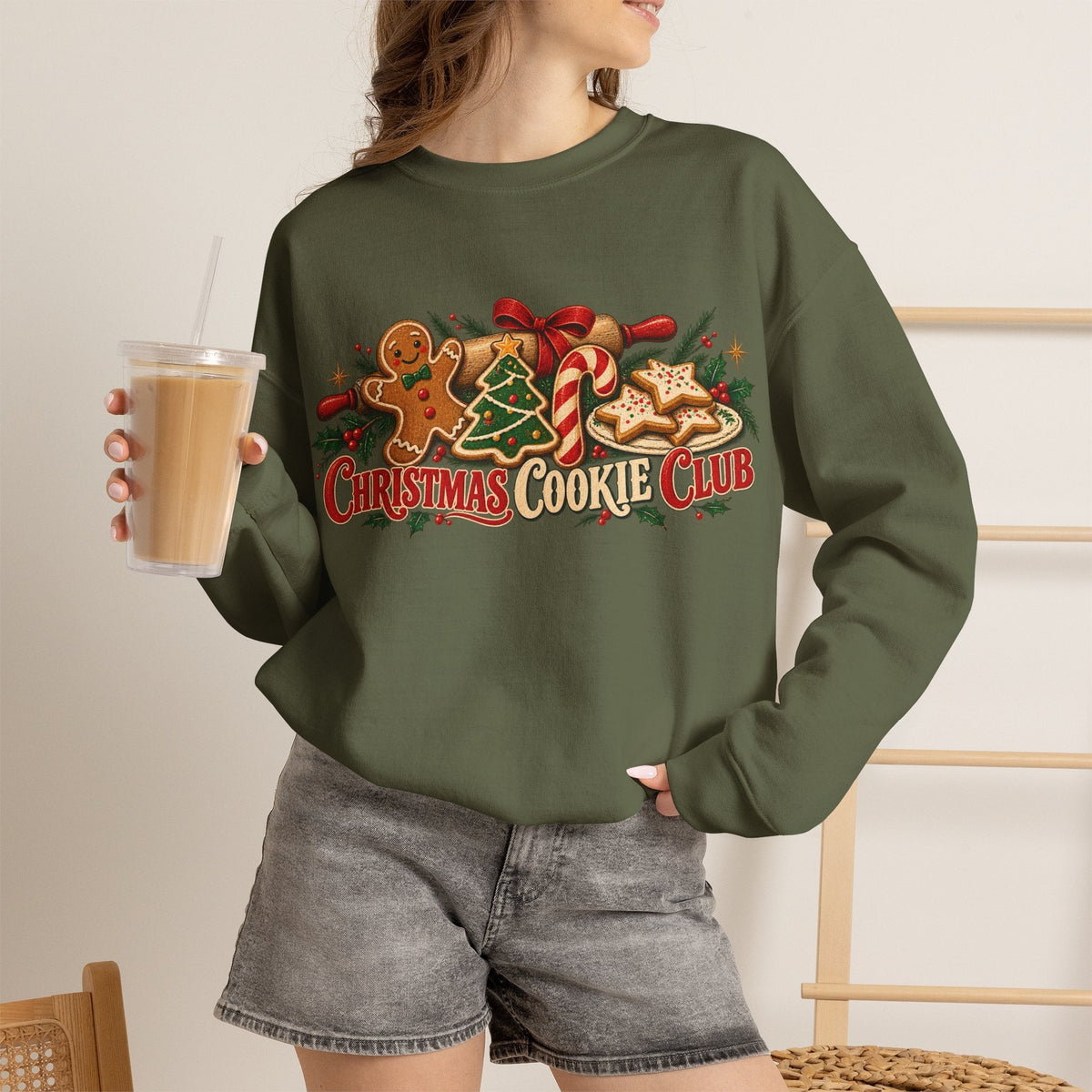Wicked Thread Society olive green crewneck sweatshirt with Christmas cookie graphic, gingerbread men, and candy canes.