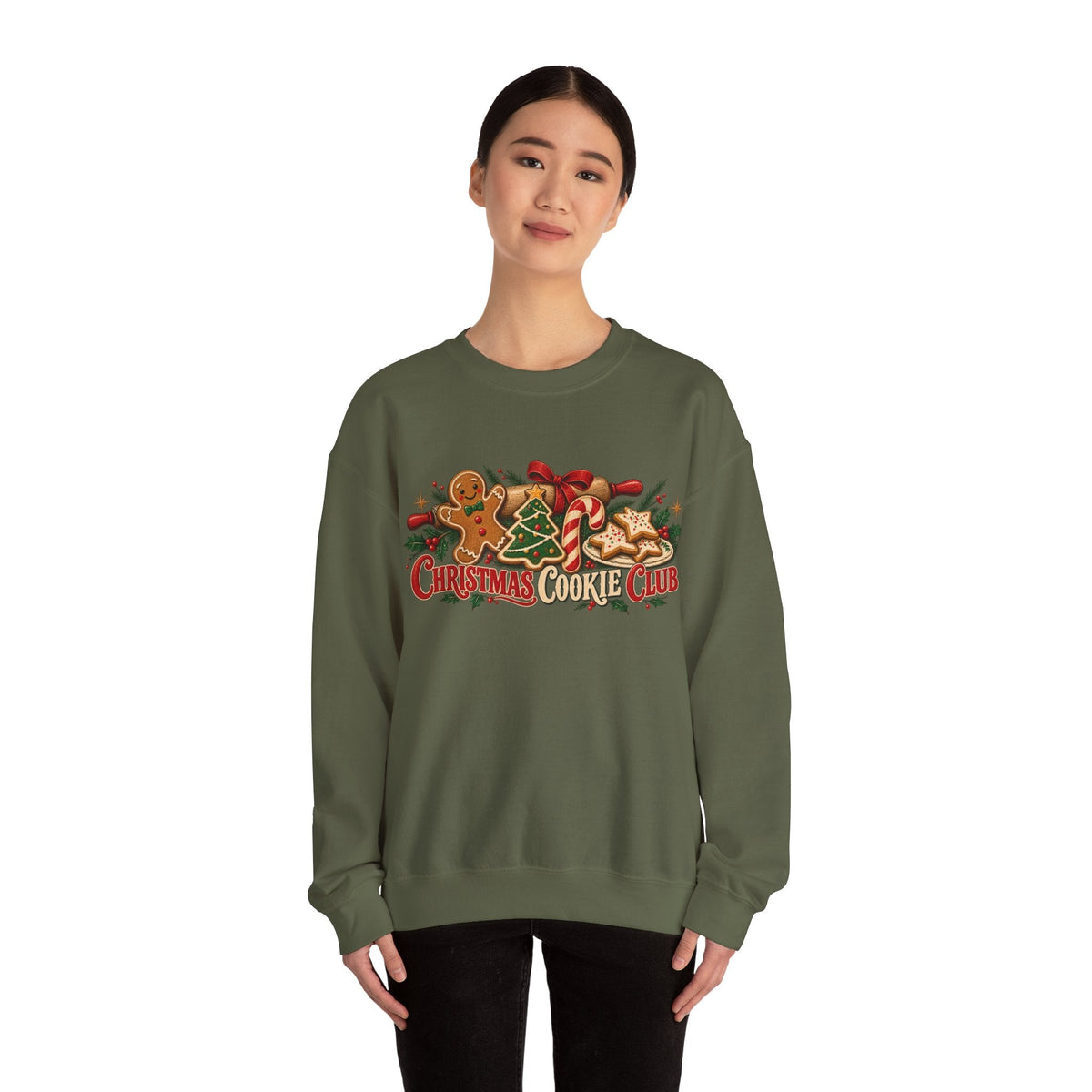 Wicked Thread Society olive green crewneck sweatshirt with Christmas Cookie Club gingerbread and candy cane graphic
