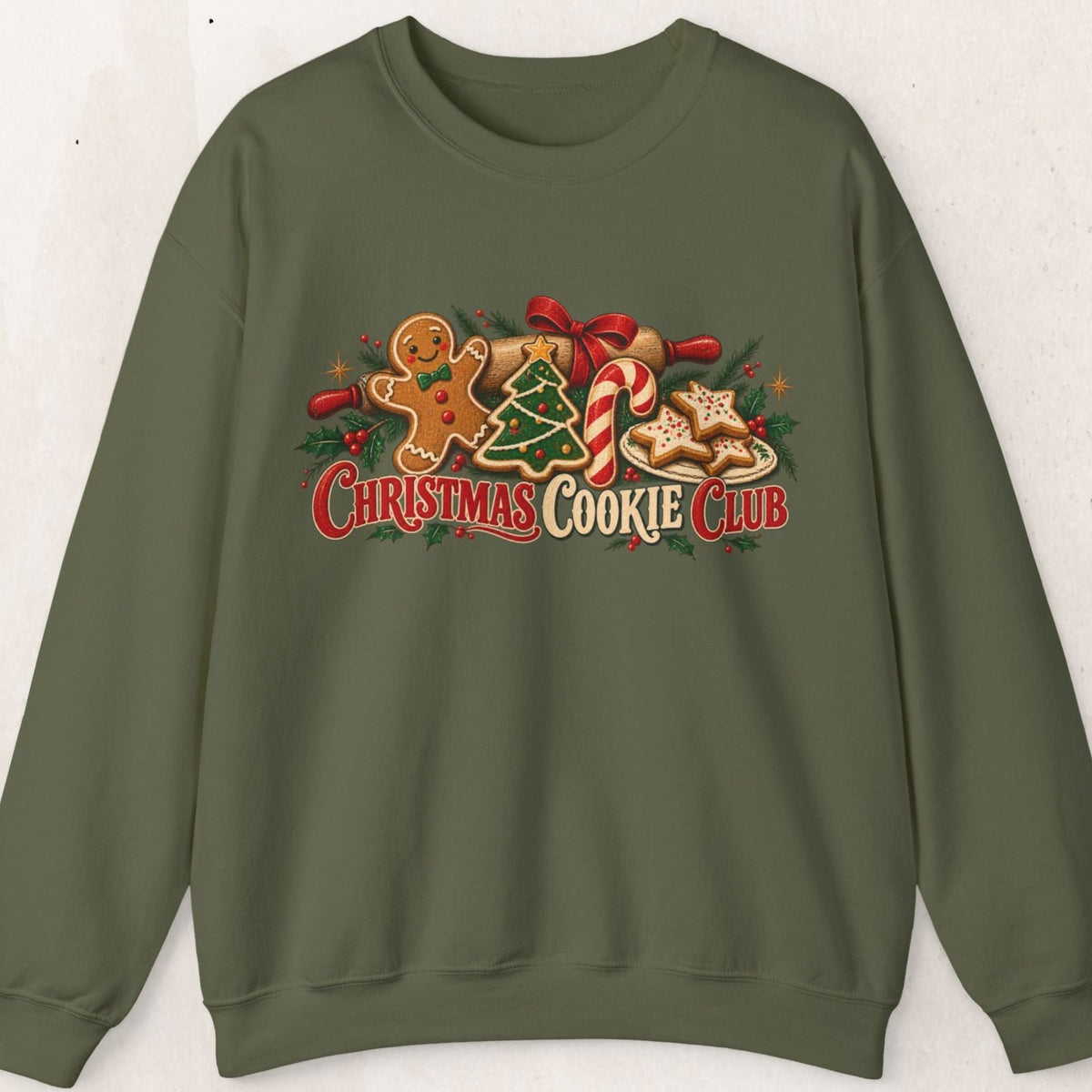 Wicked Thread Society olive green crewneck sweatshirt with Christmas Cookie Club gingerbread and candy cane graphic