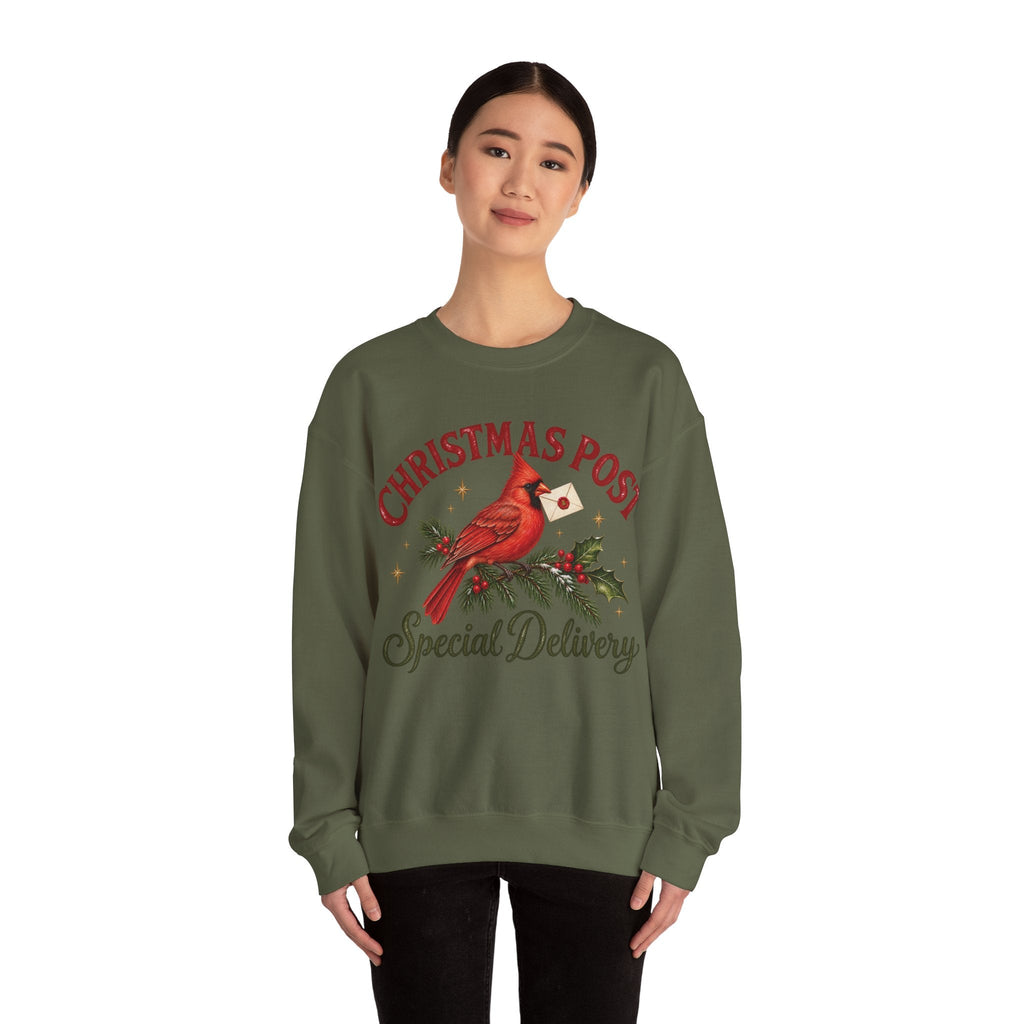 Wicked Thread Society olive green crewneck sweatshirt with a festive cardinal and Christmas post graphic.