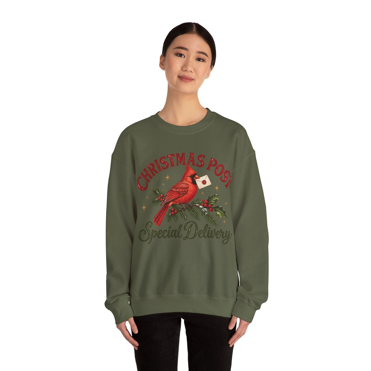 Wicked Thread Society olive green crewneck sweatshirt with a festive cardinal and Christmas post graphic.