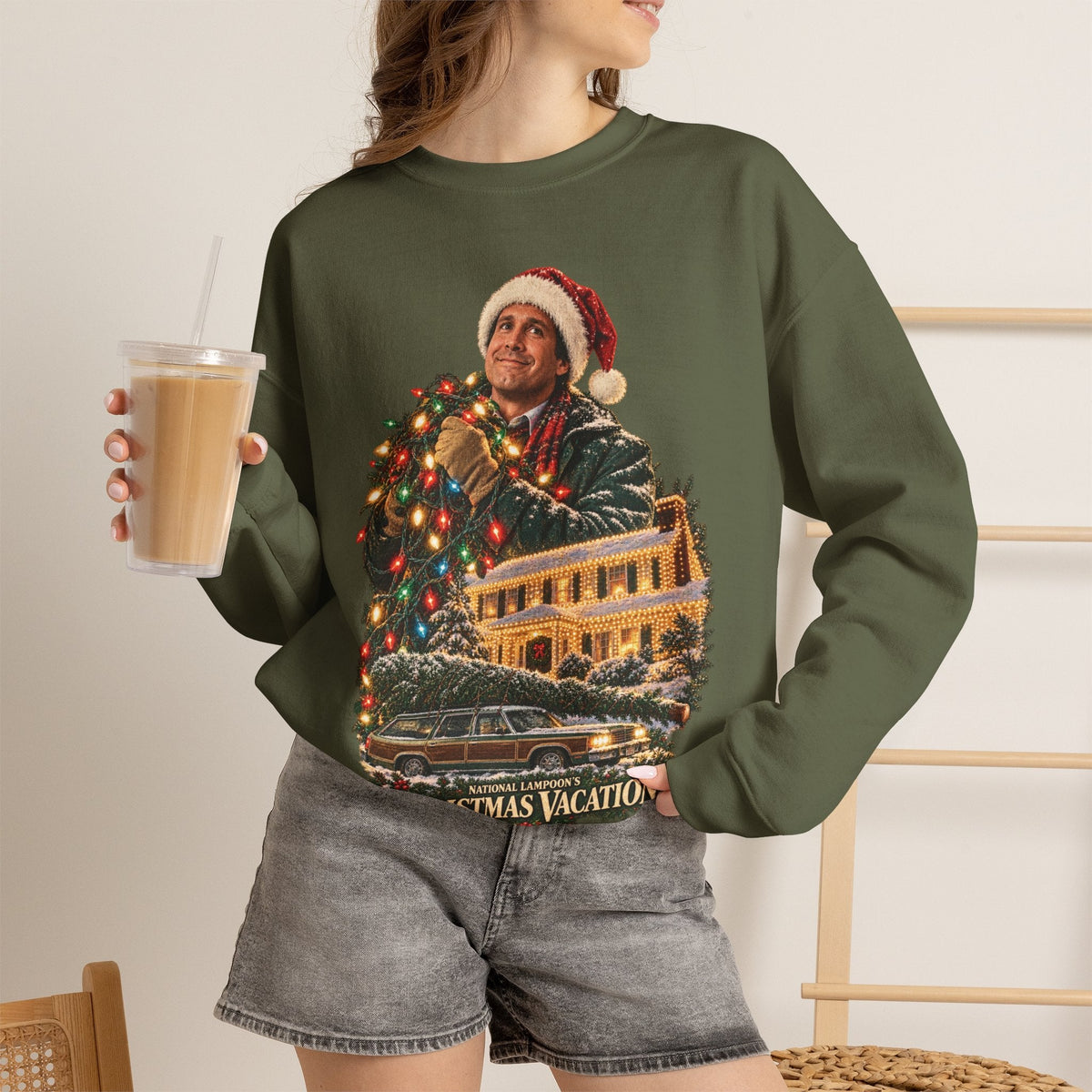 Wicked Thread Society olive green crewneck sweatshirt featuring a vintage Christmas Vacation movie graphic print.