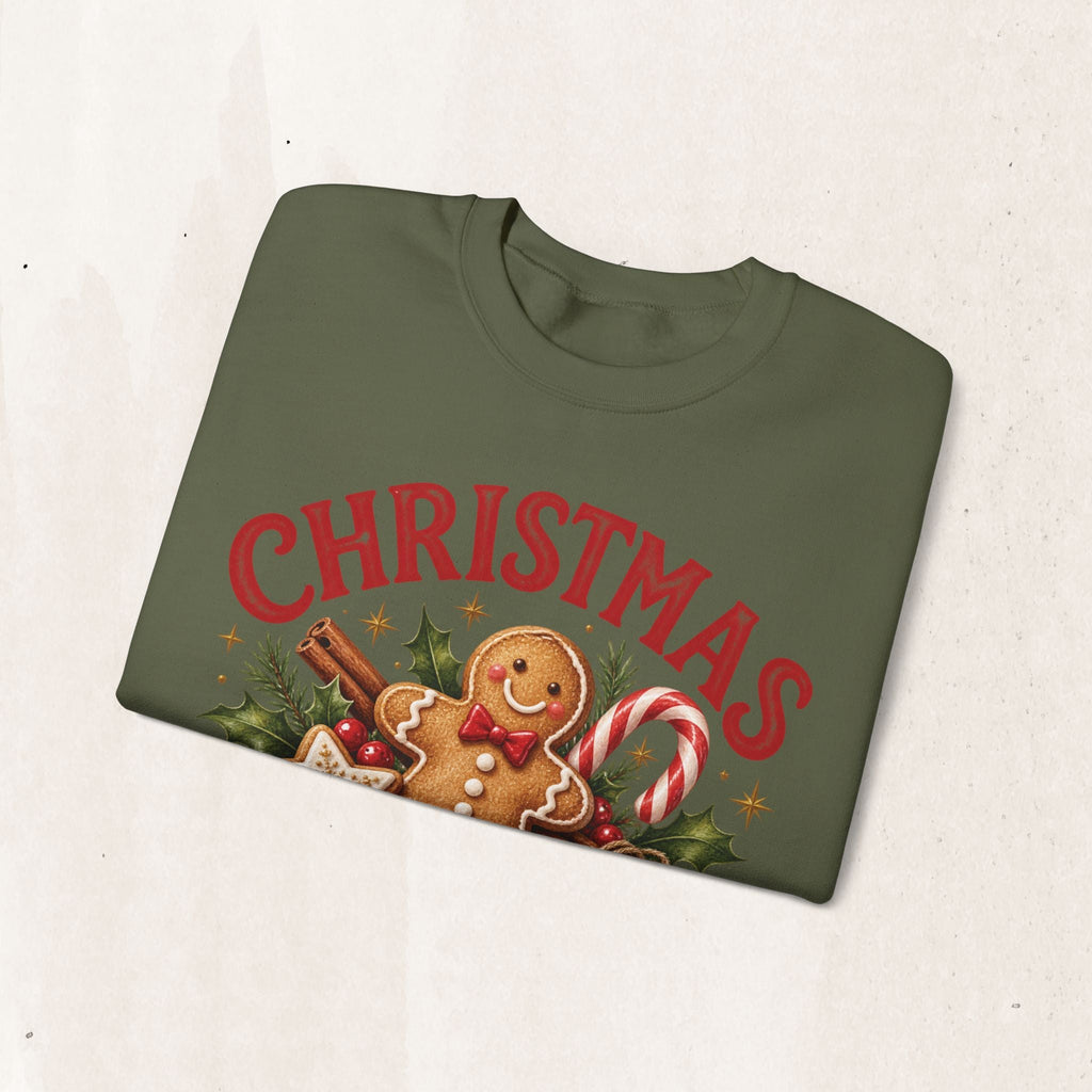 Wicked Thread Society olive green crewneck sweatshirt featuring a gingerbread man, candy cane, and Christmas graphic.
