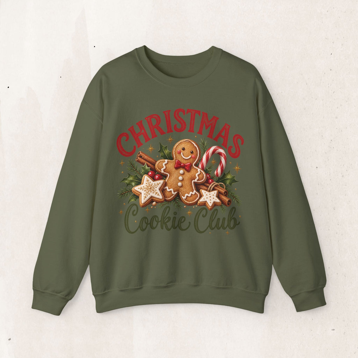 Wicked Thread Society olive green crewneck sweatshirt featuring a festive gingerbread man and holiday cookie graphic.
