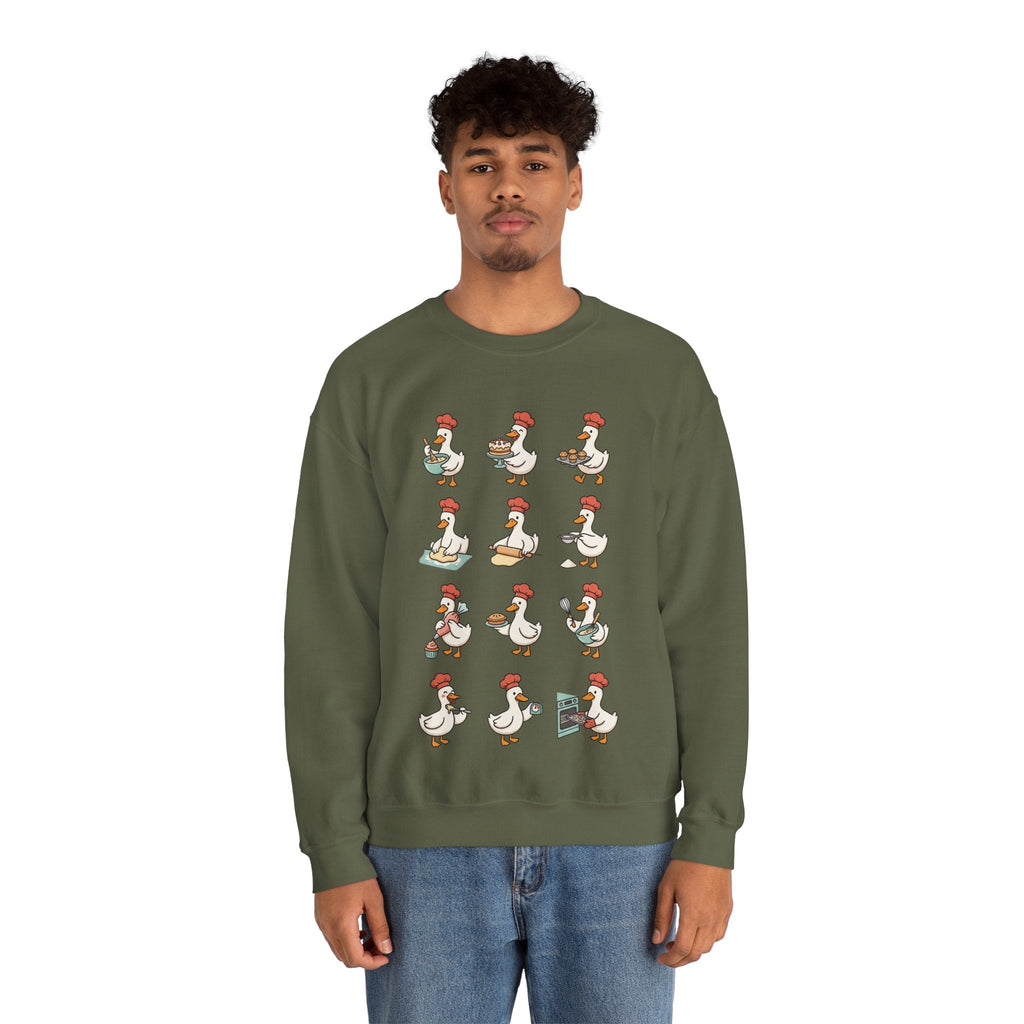 Wicked Thread Society olive green crewneck sweatshirt featuring a whimsical print of geese baking for Thanksgiving.