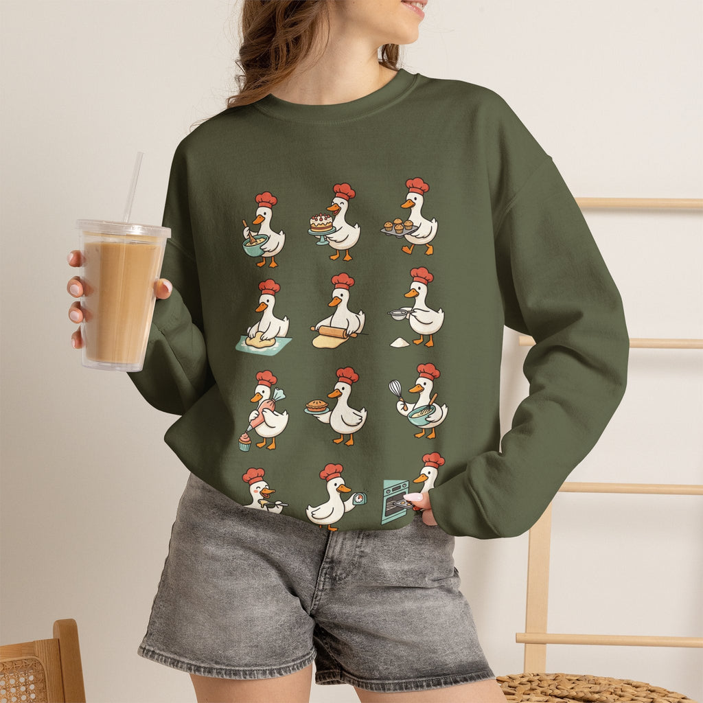 Wicked Thread Society olive green crewneck sweatshirt featuring a whimsical print of geese baking for Thanksgiving.
