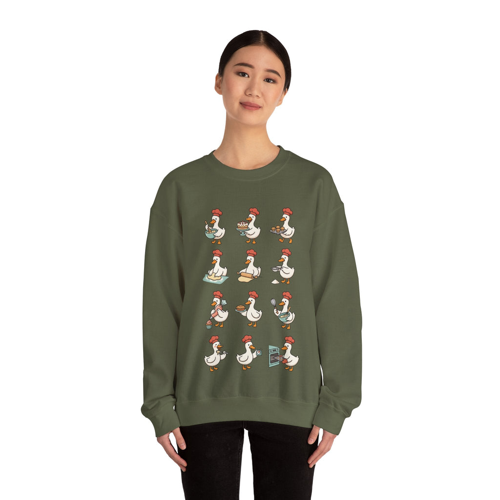 Wicked Thread Society olive green crewneck sweatshirt featuring a whimsical print of geese baking for Thanksgiving.