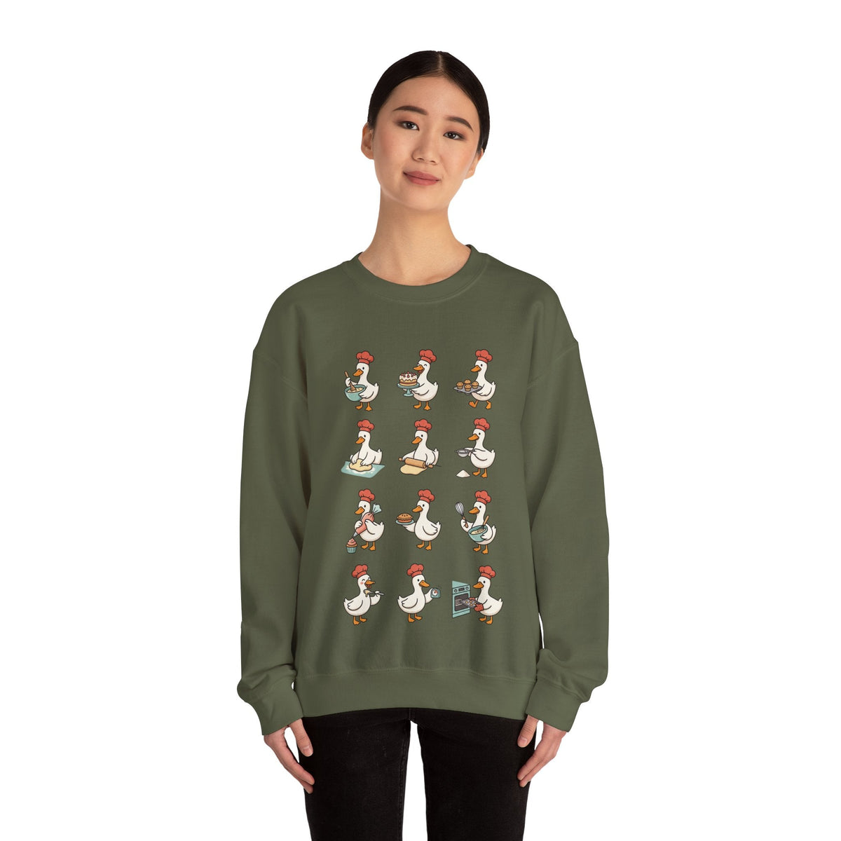 Wicked Thread Society olive green crewneck sweatshirt featuring a whimsical print of geese baking for Thanksgiving.