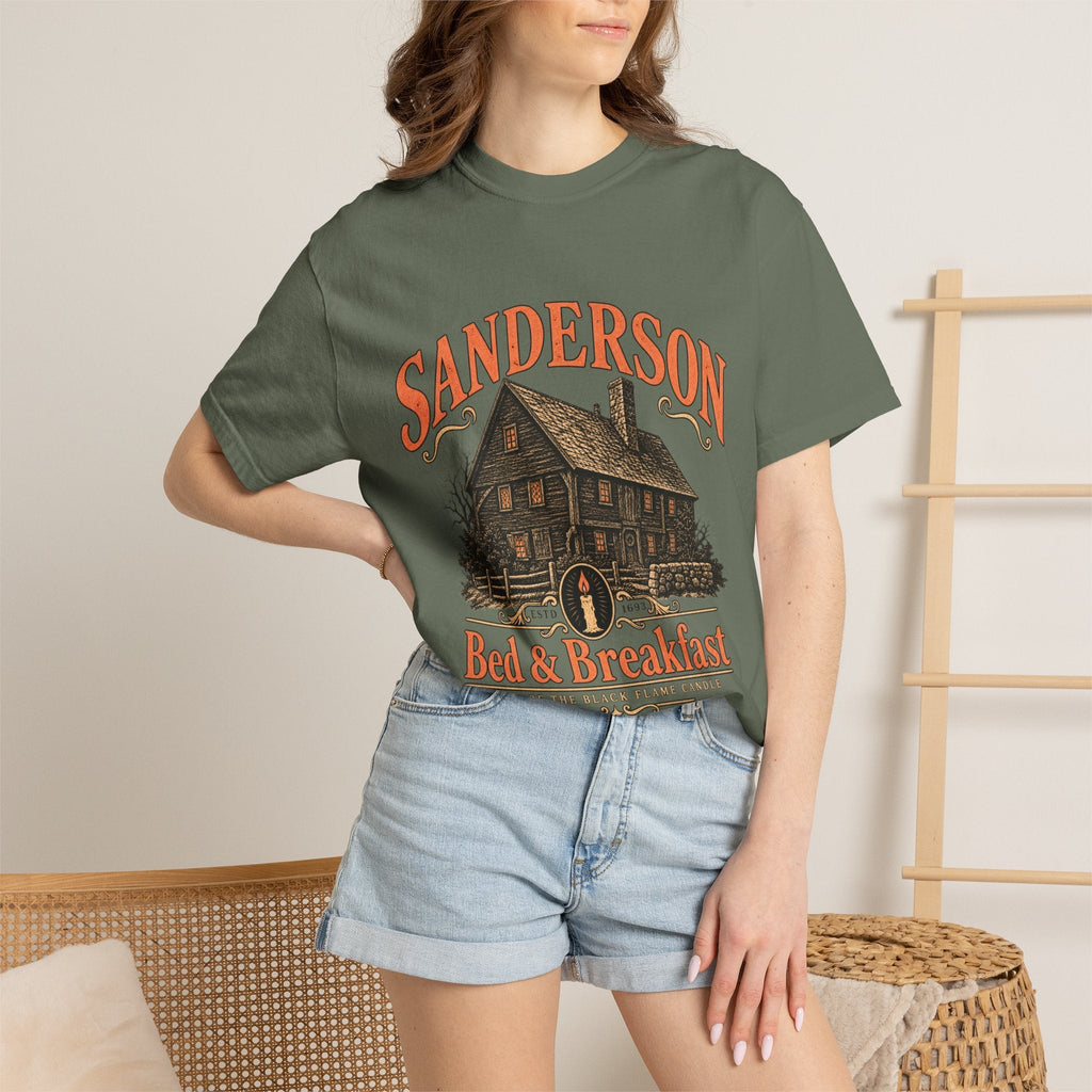 Wicked Thread Society heavyweight olive green cotton tee with vintage Sanderson Bed & Breakfast graphic print