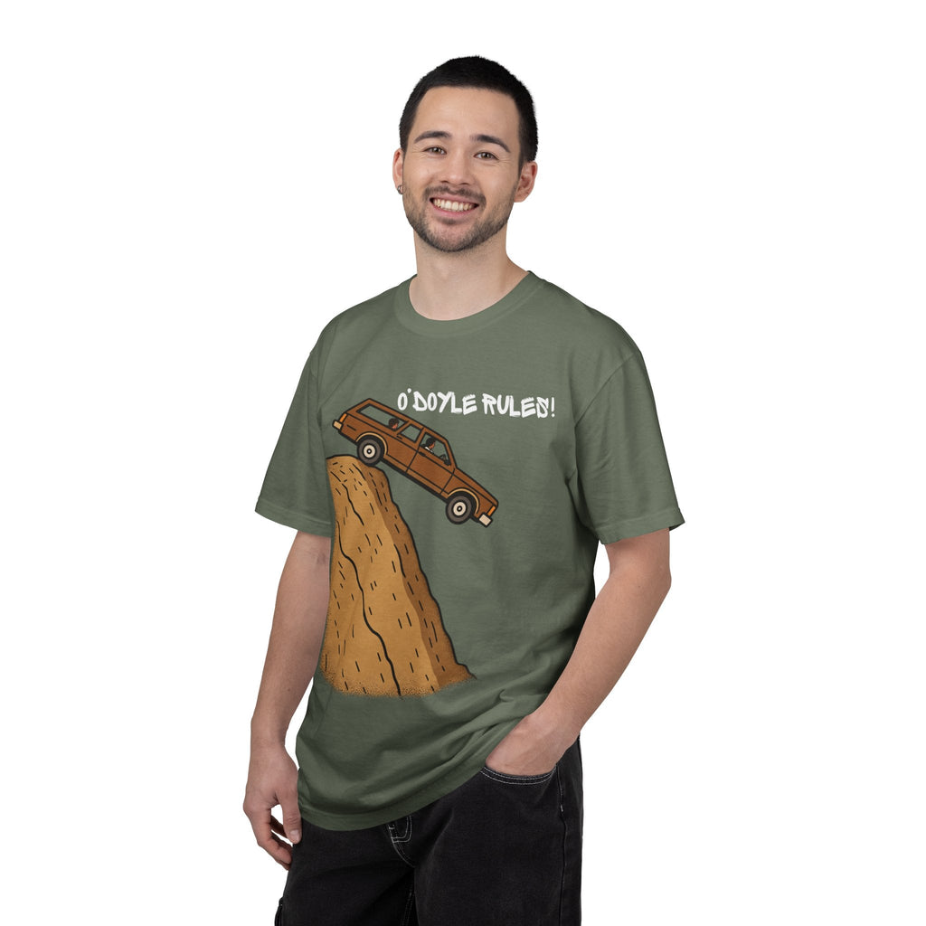 Wicked Thread Society relaxed-fit olive green cotton graphic tee featuring a Billy Madison O'Doyle Rules wagon print.
