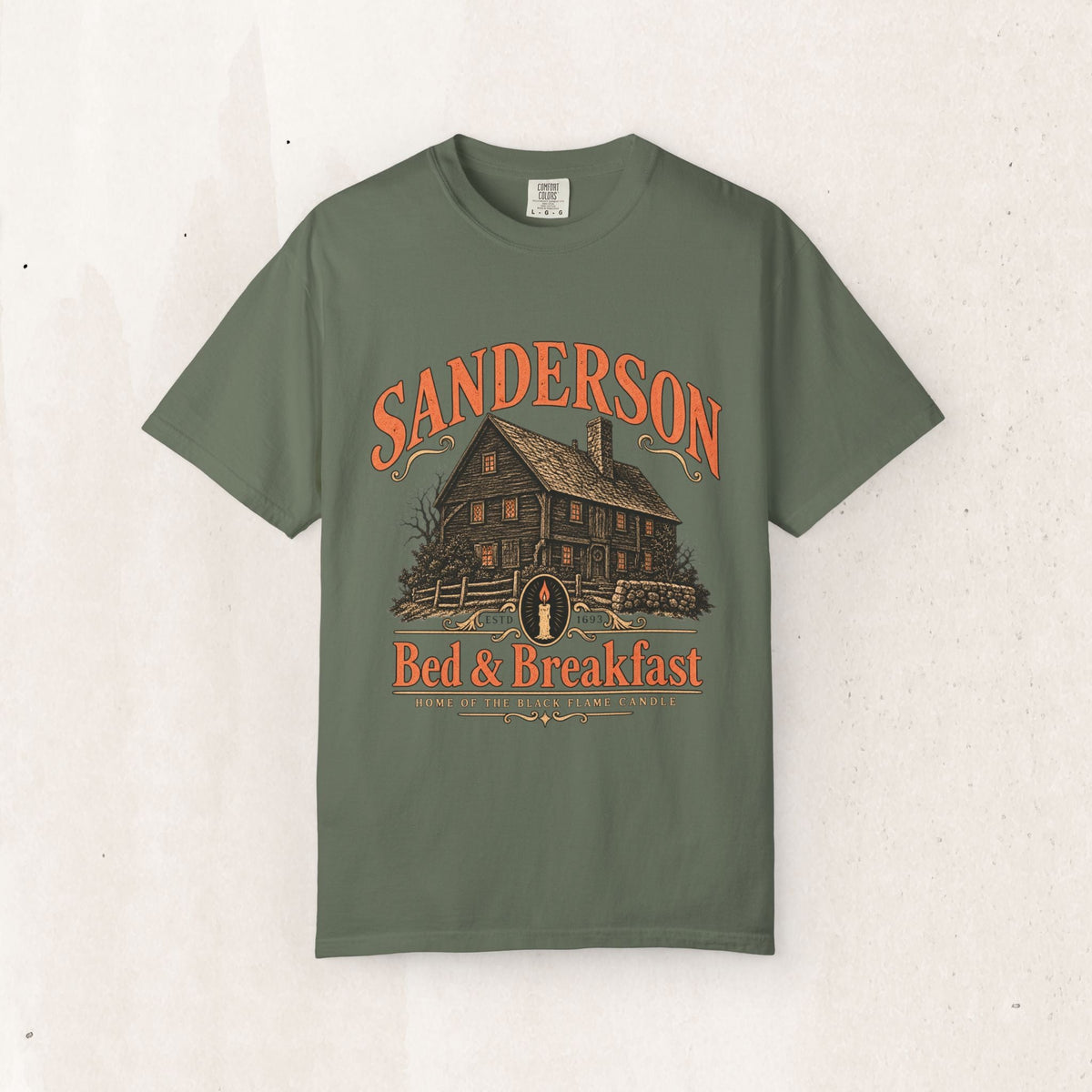 Sanderson Bed & Breakfast Tee – Vintage Witchy Cottage – Moss