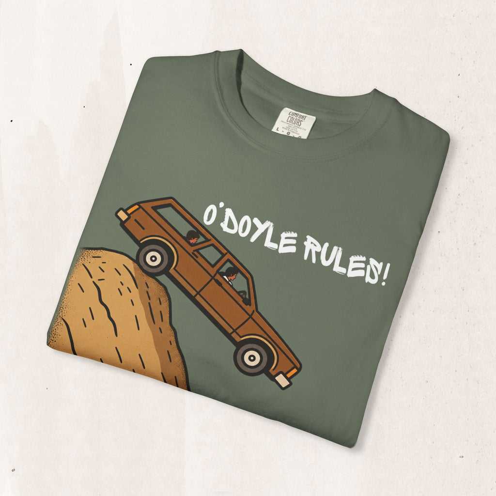 Wicked Thread Society olive green heavyweight cotton graphic tee featuring a wood-paneled wagon and O'Doyle Rules text