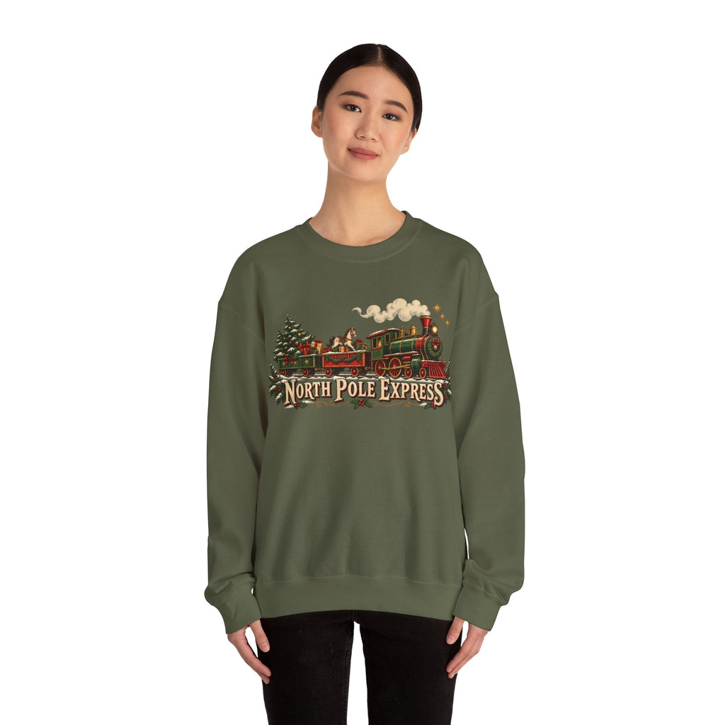 Wicked Thread Society olive green crewneck sweatshirt featuring a vintage North Pole Express steam train graphic