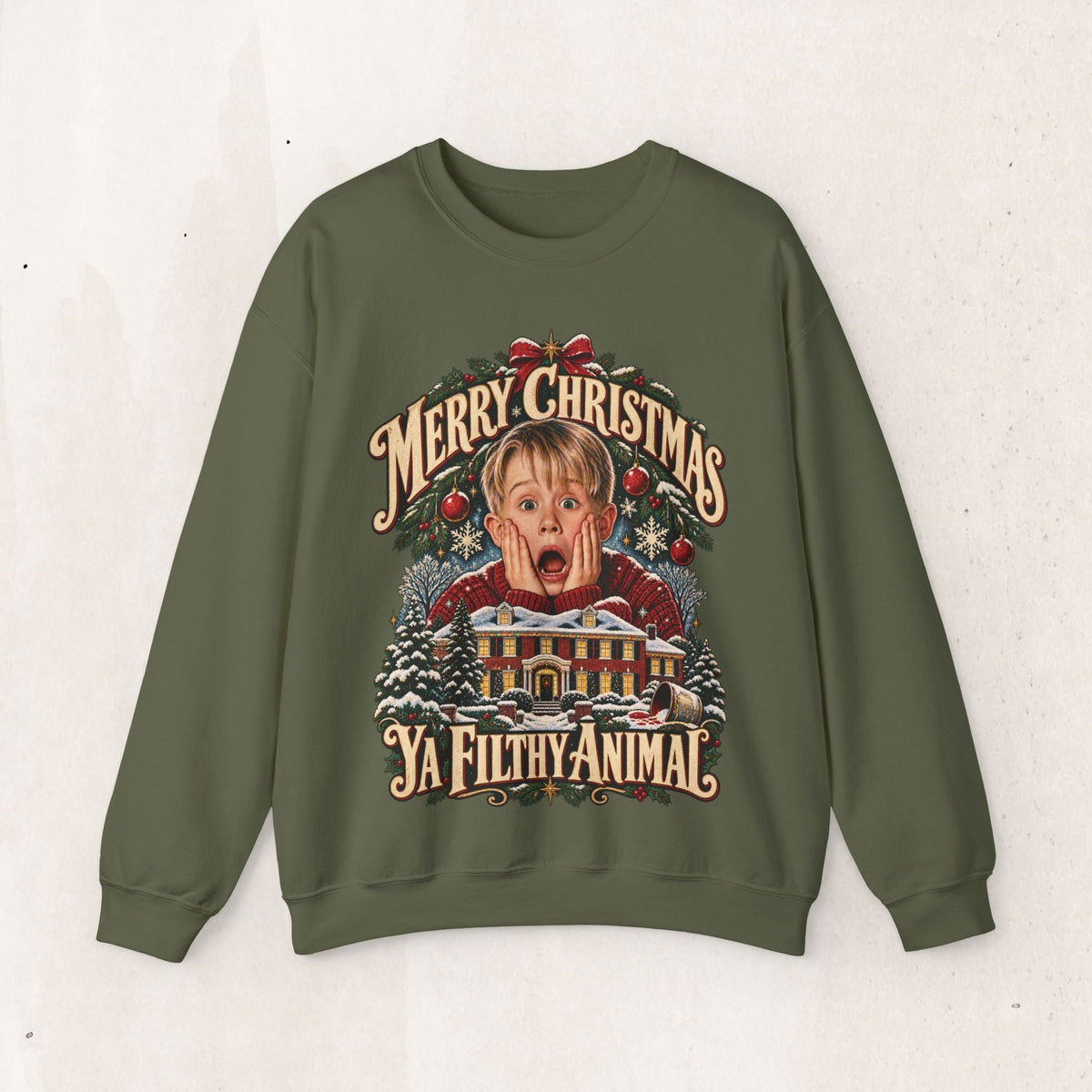 Wicked Thread Society olive green crewneck sweatshirt featuring a vintage Home Alone Christmas graphic on the front.