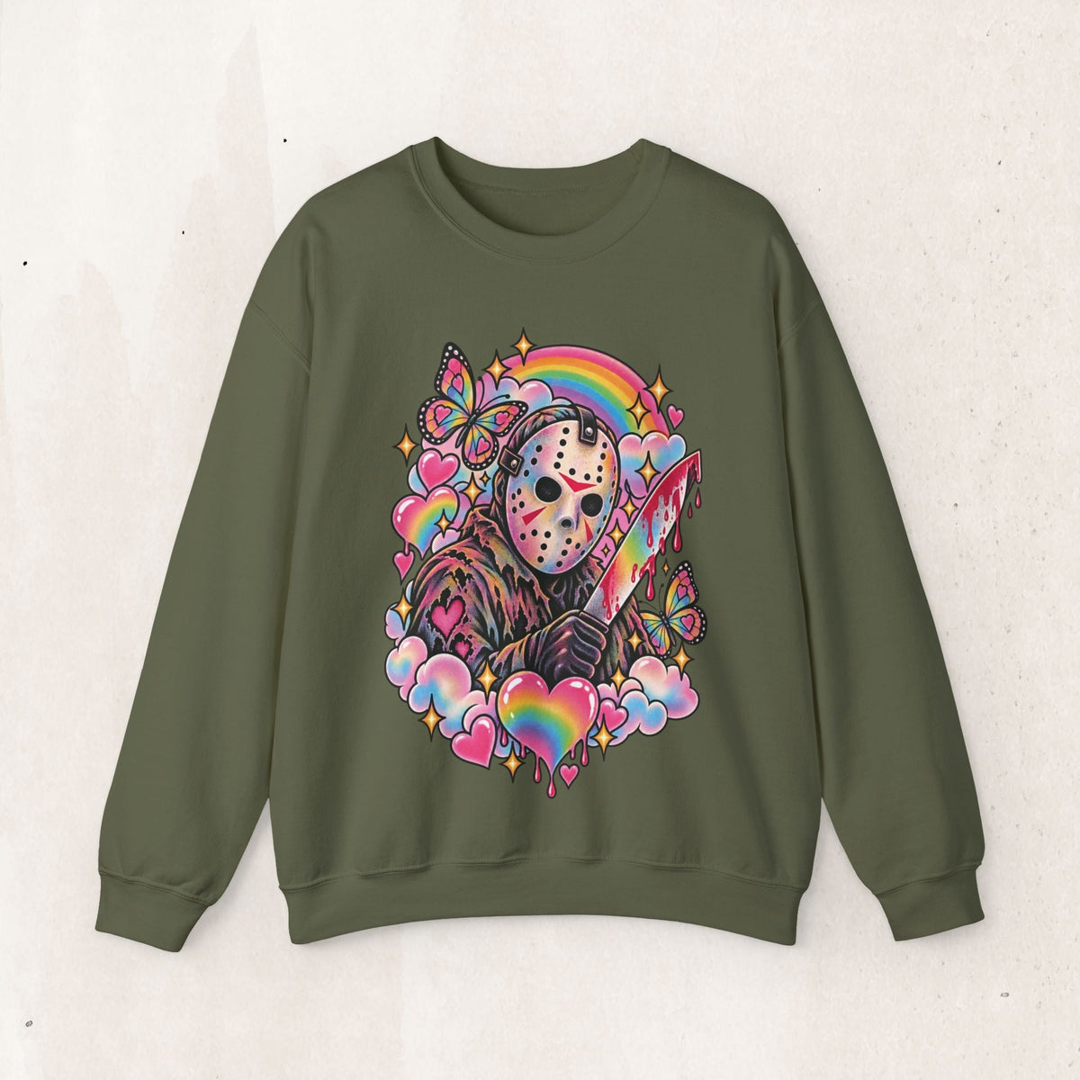 Jason Mask Rainbow Horror Crewneck Sweatshirt – Military Green