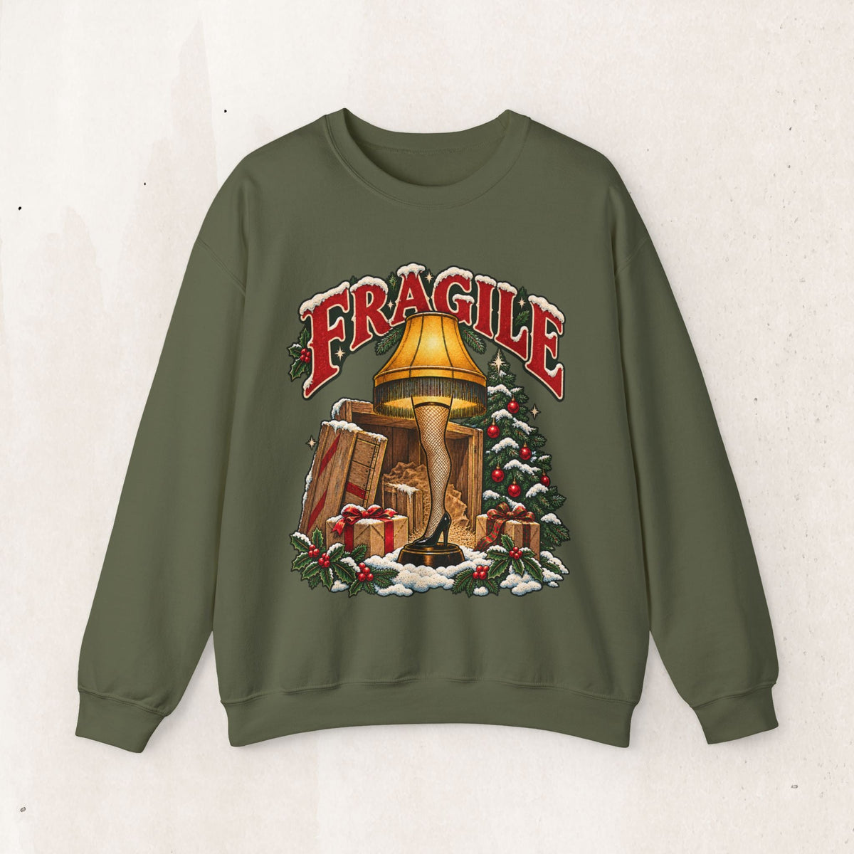 Wicked Thread Society olive green crewneck sweatshirt featuring a vintage A Christmas Story leg lamp graphic.