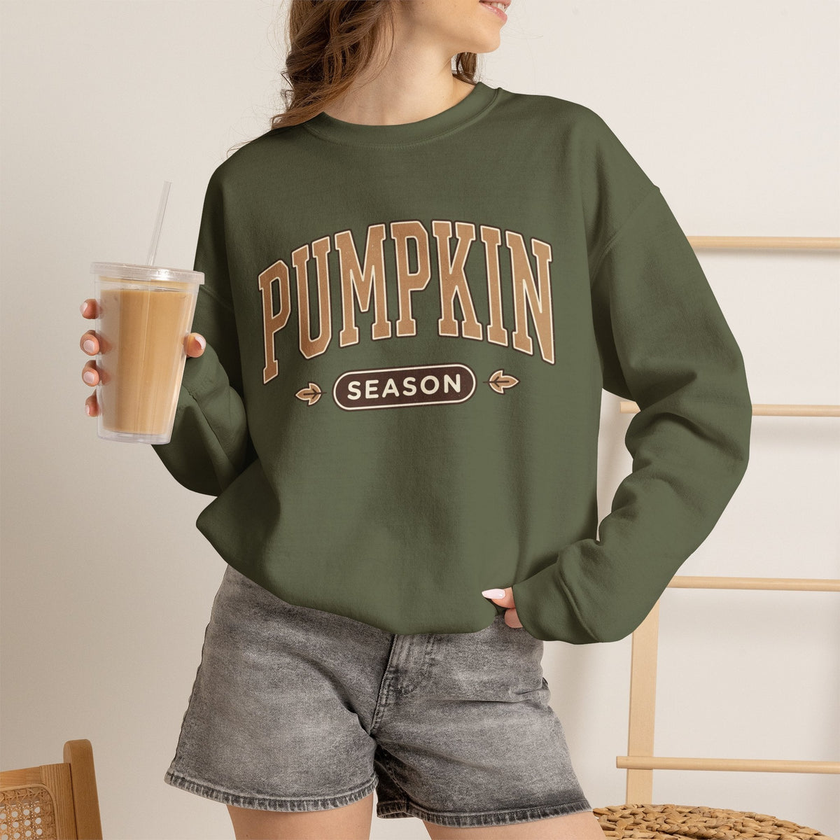 Wicked Thread Society olive green crewneck sweatshirt with Pumpkin Season vintage graphic, worn with grey denim shorts.