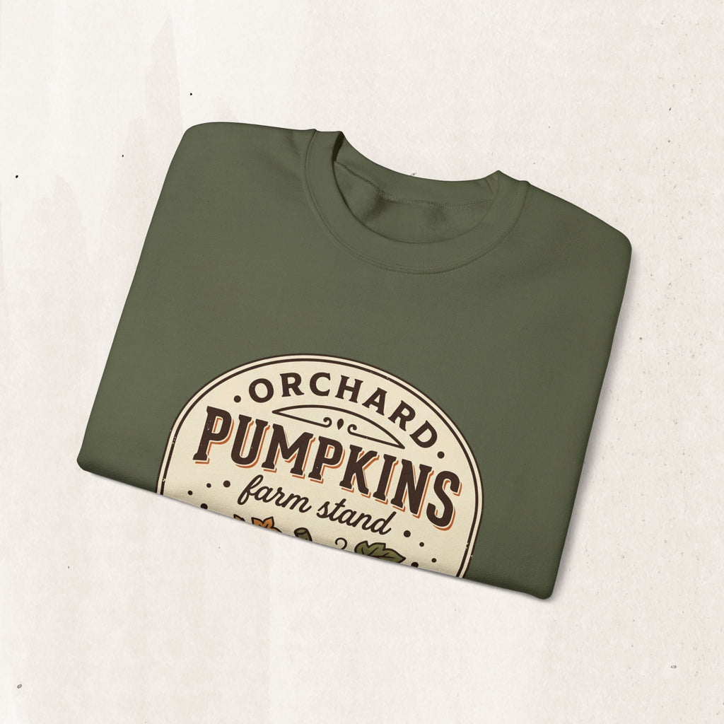 Wicked Thread Society olive green crewneck sweatshirt with a vintage pumpkin farmstand graphic print