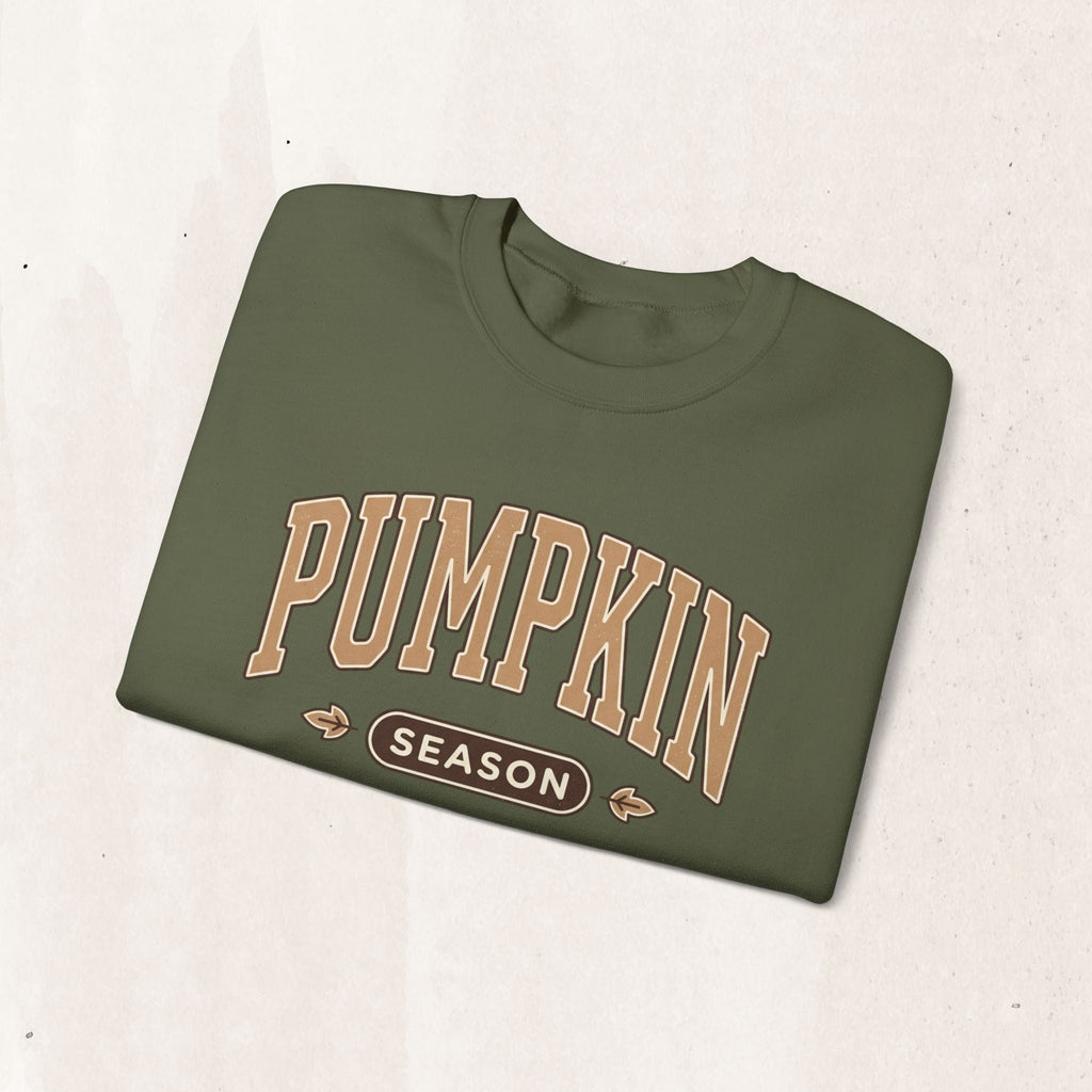 Wicked Thread Society olive green crewneck sweatshirt with vintage-inspired Pumpkin Season graphic print.