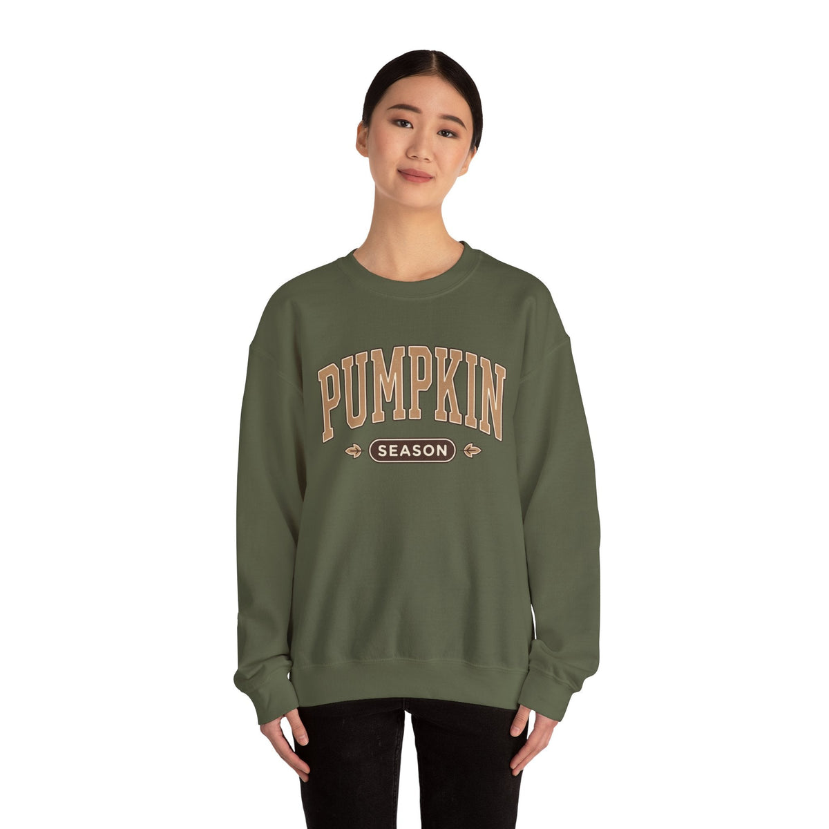 Wicked Thread Society olive green crewneck sweatshirt with vintage-style Pumpkin Season graphic on a model