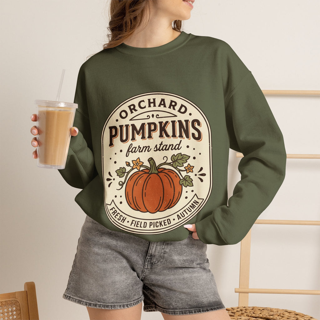 Wicked Thread Society olive green crewneck sweatshirt with a vintage pumpkin farmstand graphic print