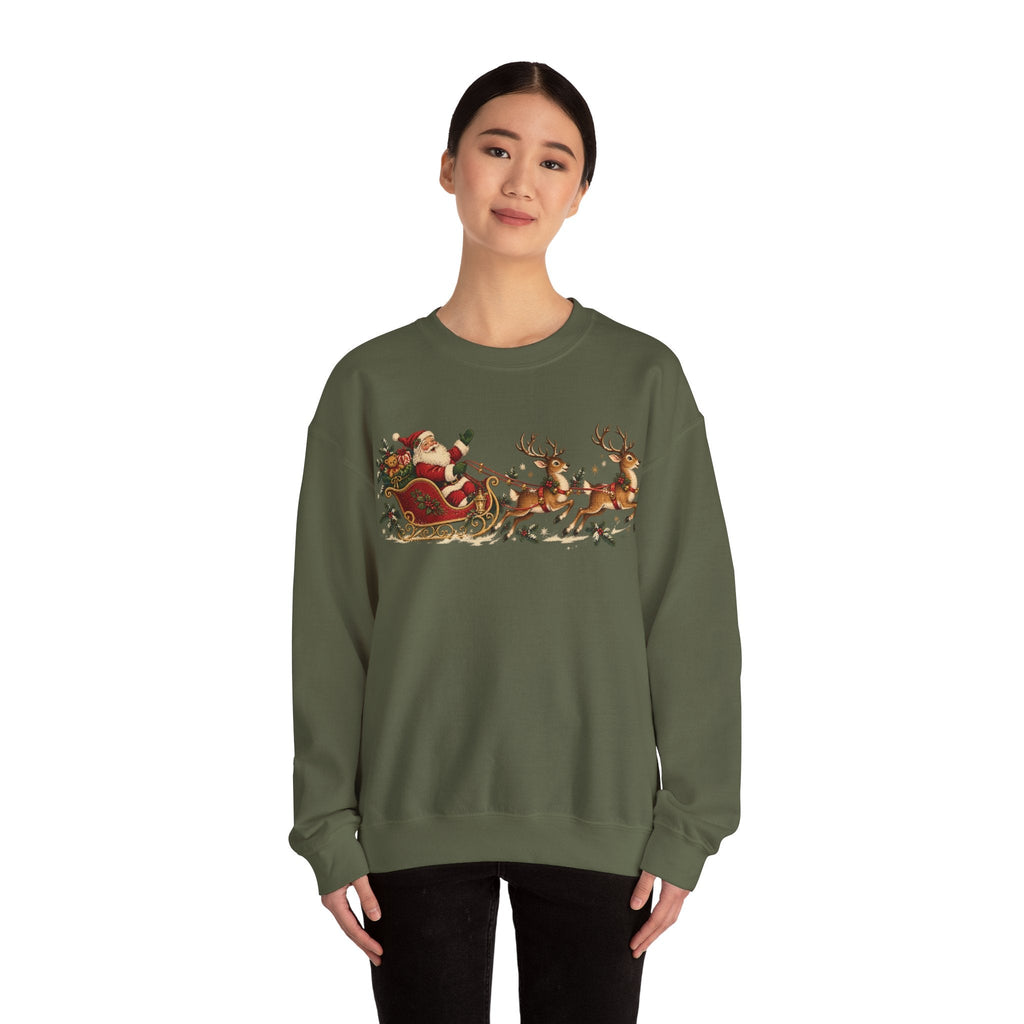 Wicked Thread Society olive green crewneck sweatshirt featuring a vintage Santa and reindeer sleigh print.
