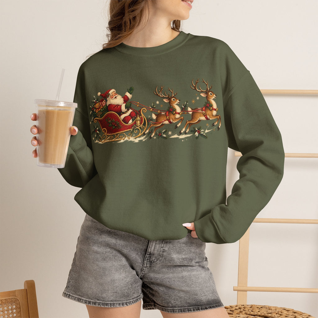 Wicked Thread Society olive green crewneck sweatshirt featuring a vintage Santa and reindeer sleigh holiday print.