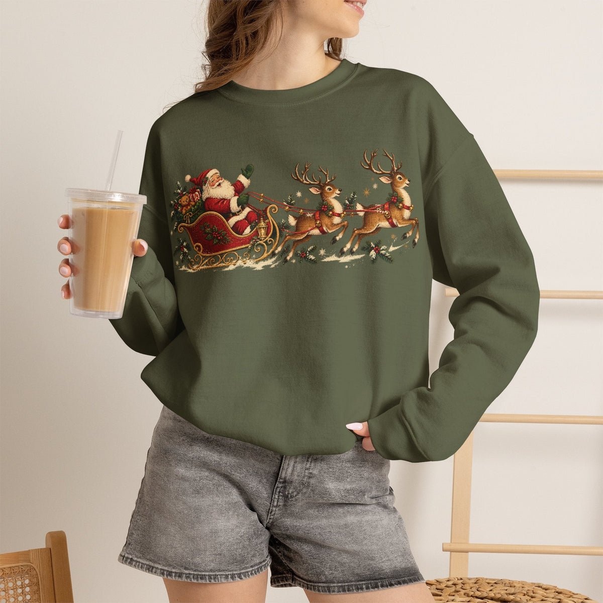 Wicked Thread Society olive green crewneck sweatshirt featuring a vintage Santa and reindeer sleigh holiday print.