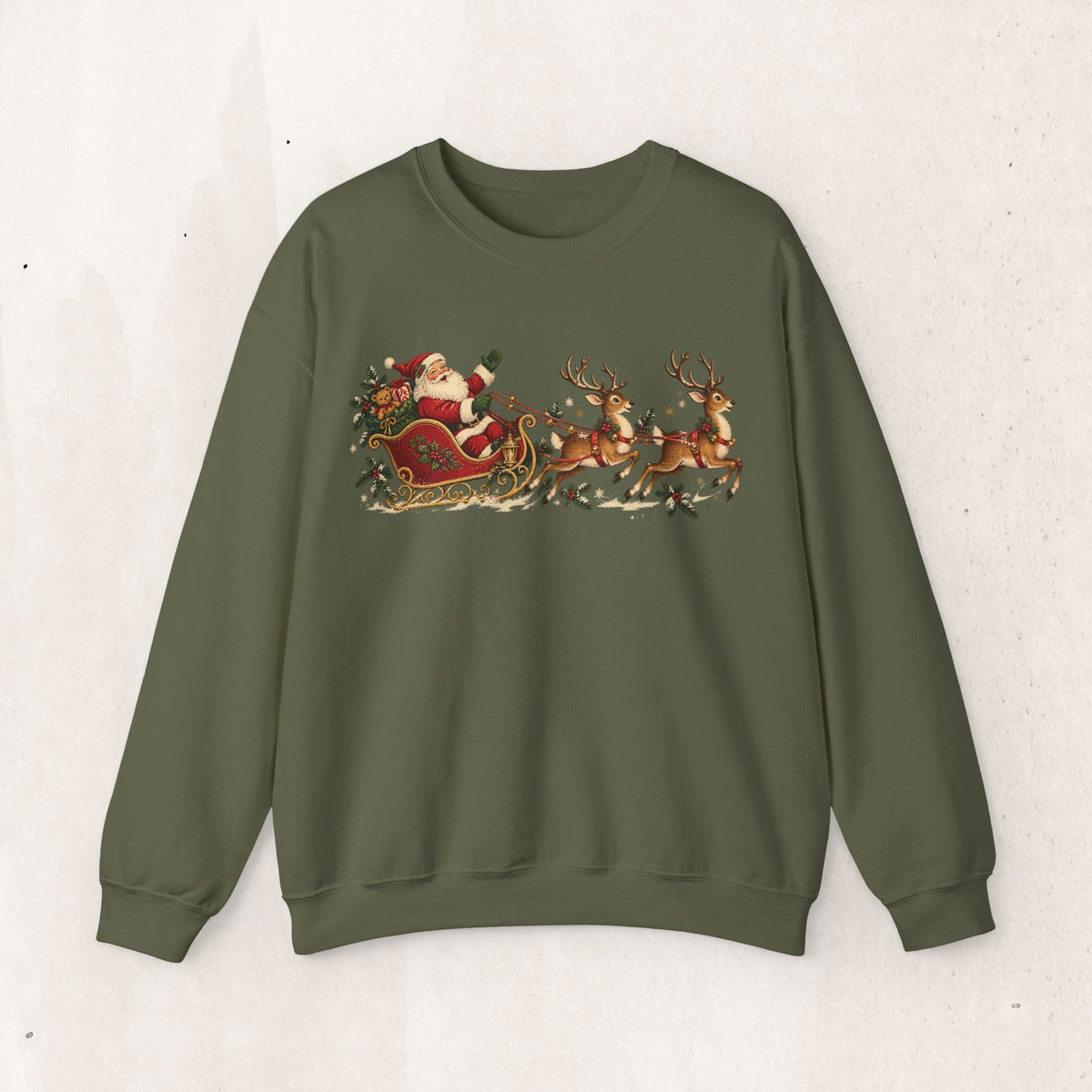 Wicked Thread Society olive green crewneck sweatshirt featuring a vintage-style Santa and reindeer sleigh print.