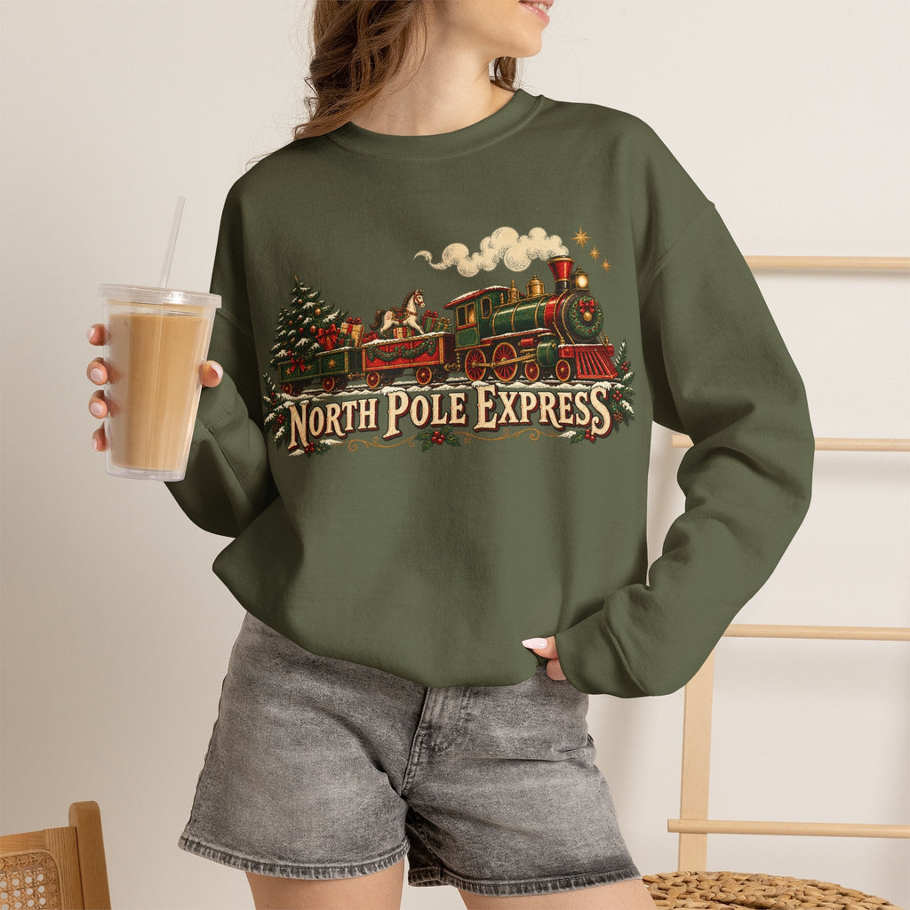 Wicked Thread Society olive green crewneck sweatshirt with vintage North Pole Express steam train holiday graphic