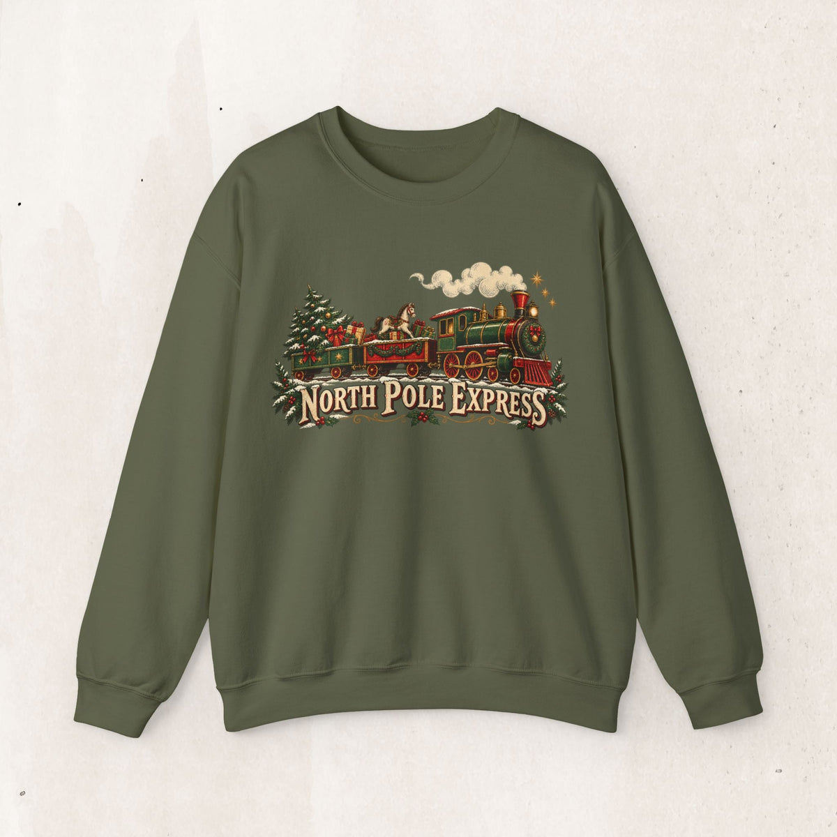 Wicked Thread Society olive green crewneck sweatshirt featuring a vintage North Pole Express steam train graphic.