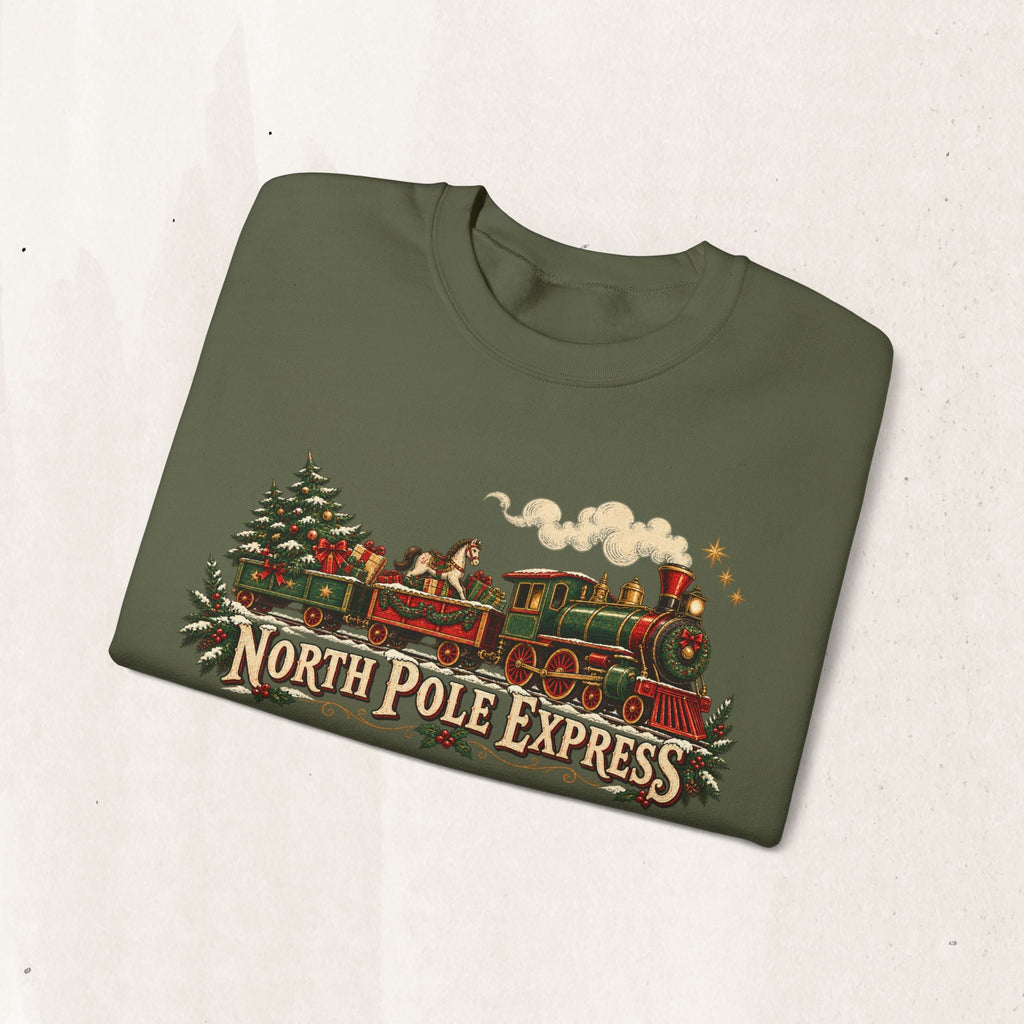Wicked Thread Society olive green crewneck sweatshirt featuring a vintage North Pole Express steam train graphic.