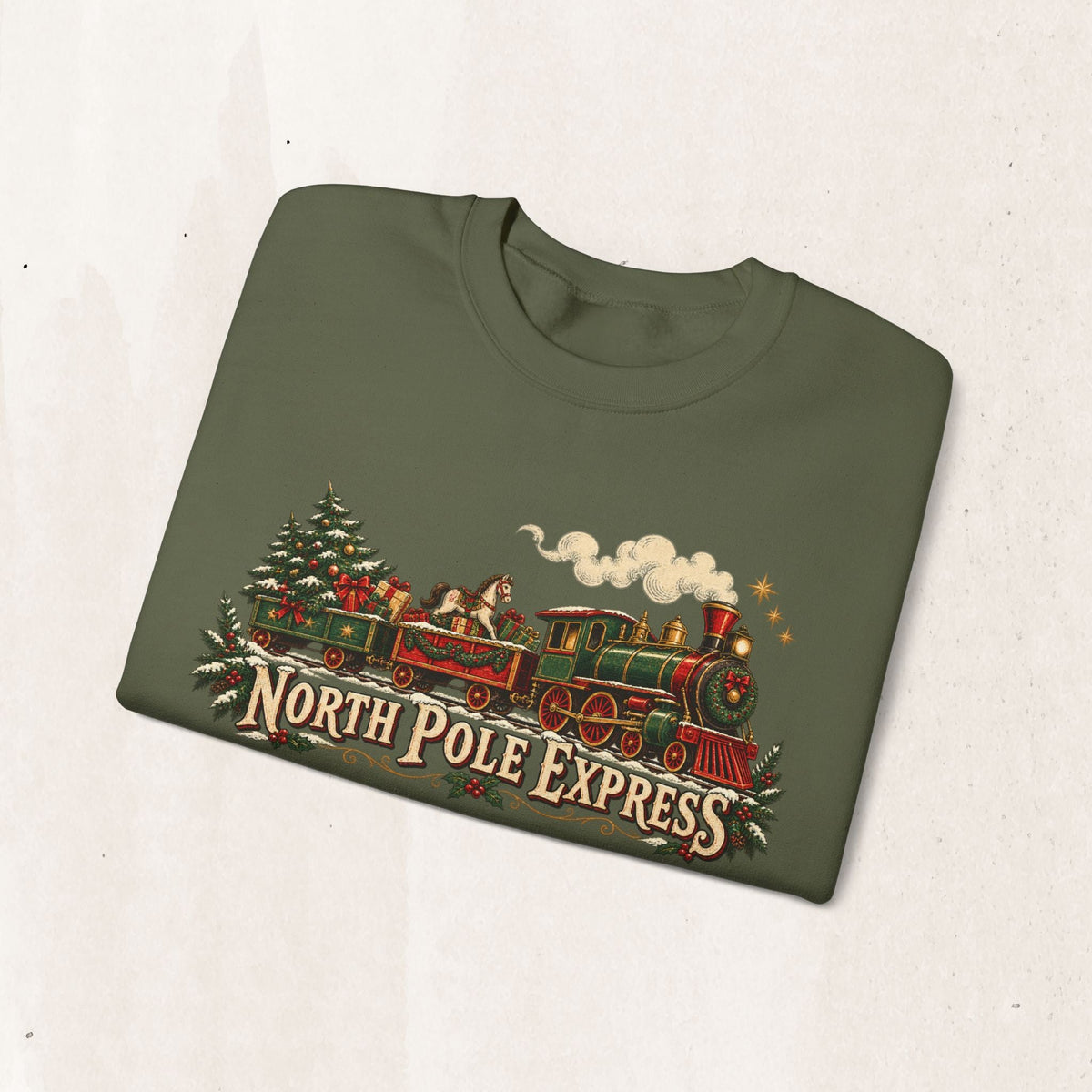 Wicked Thread Society olive green crewneck sweatshirt featuring a vintage North Pole Express steam train graphic.