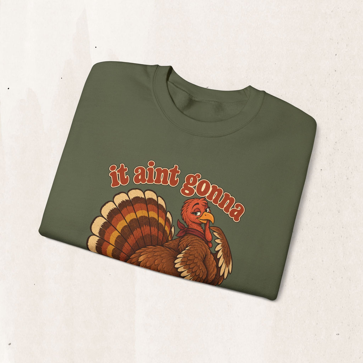 Wicked Thread Society olive green crewneck sweatshirt with a retro turkey graphic and It Aint Gonna Stuff Itself text