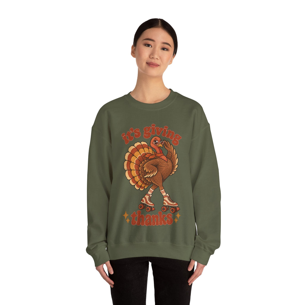 Wicked Thread Society olive green crewneck sweatshirt featuring a retro roller-skating turkey graphic for Thanksgiving.