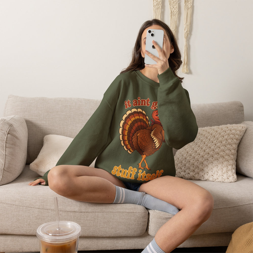 Wicked Thread Society olive green crewneck sweatshirt with retro turkey graphic and It Aint Gonna Stuff Itself text