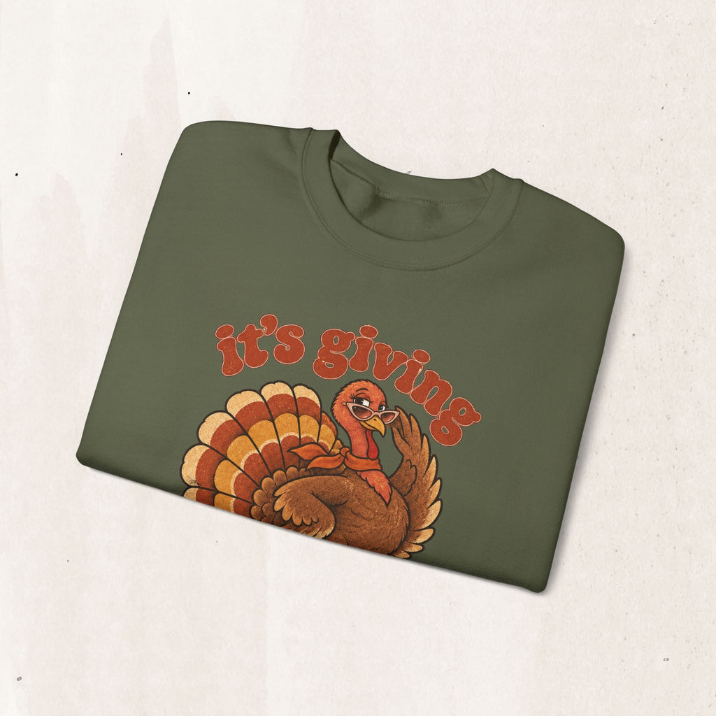 Wicked Thread Society olive green crewneck sweatshirt featuring a retro roller-skating turkey graphic for Thanksgiving