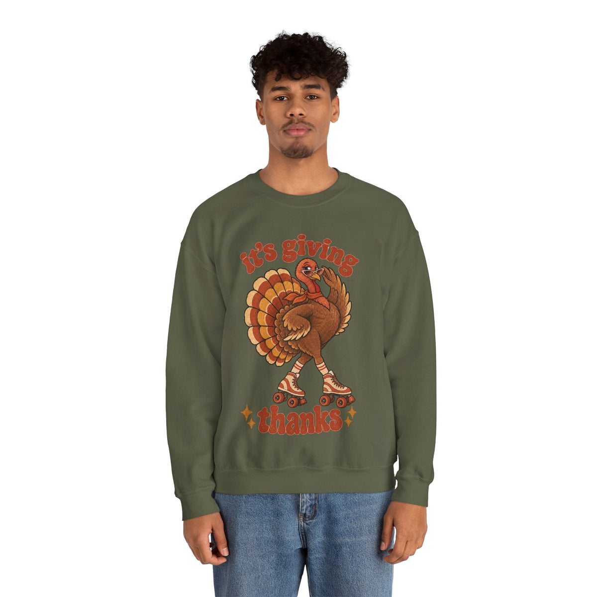Wicked Thread Society olive green crewneck sweatshirt featuring a retro roller-skating turkey graphic for Thanksgiving.