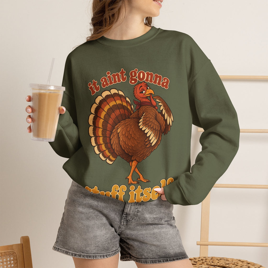 Wicked Thread Society olive green crewneck sweatshirt with a retro turkey graphic and Thanksgiving slogan.