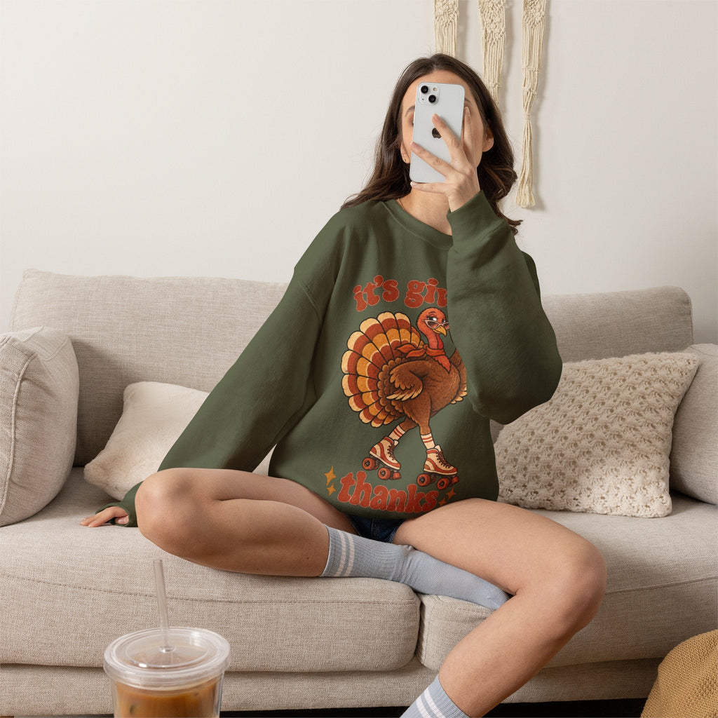 Wicked Thread Society olive green crewneck sweatshirt featuring a retro roller-skating turkey graphic for Thanksgiving