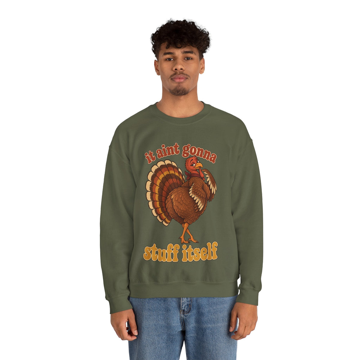 Wicked Thread Society olive green crewneck sweatshirt with a retro turkey graphic and Thanksgiving slogan text.