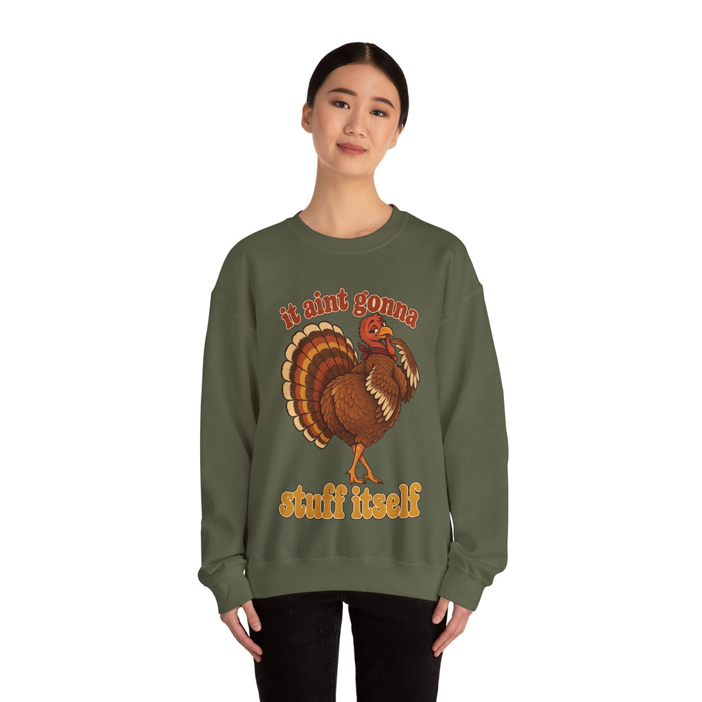 Wicked Thread Society olive green crewneck sweatshirt featuring a retro turkey graphic and Thanksgiving slogan.
