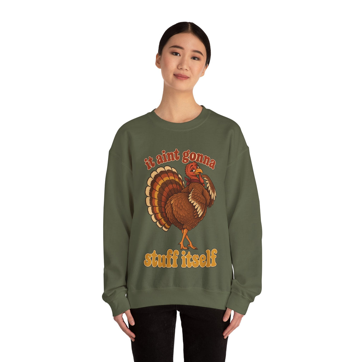 Wicked Thread Society olive green crewneck sweatshirt featuring a retro turkey graphic and Thanksgiving slogan.