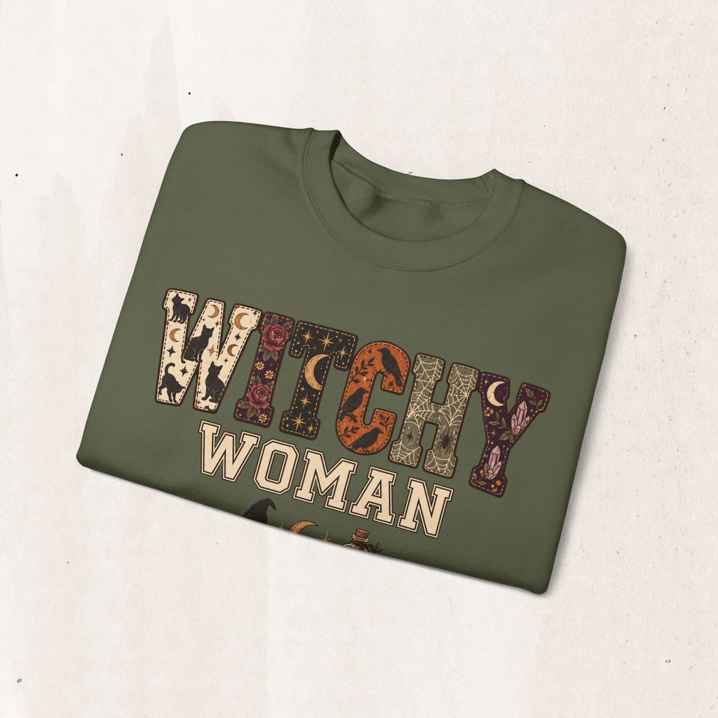Wicked Thread Society olive green crewneck sweatshirt with vintage-inspired Witchy Woman graphic print