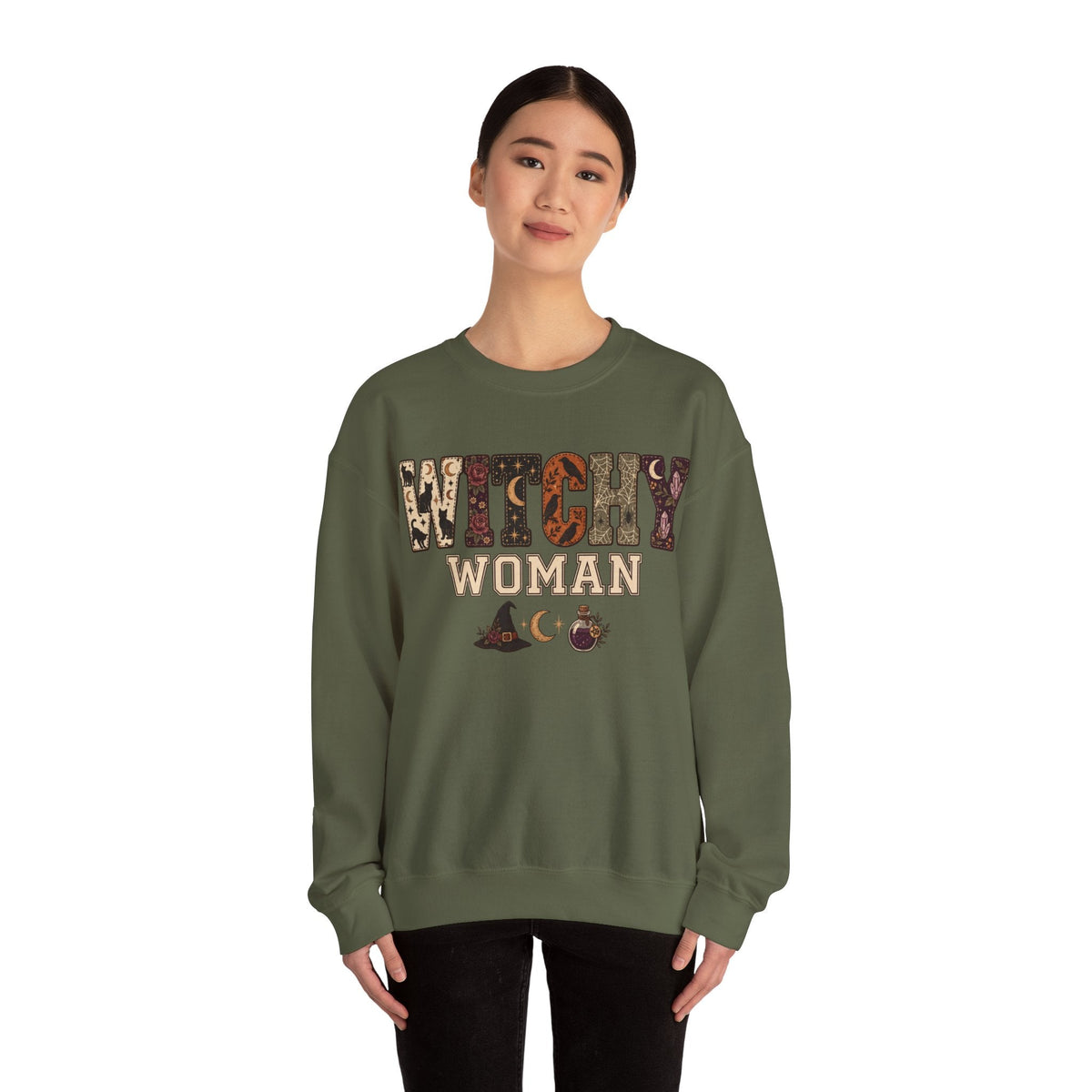 Wicked Thread Society olive green crewneck sweatshirt featuring a Witchy Woman graphic with celestial motifs.