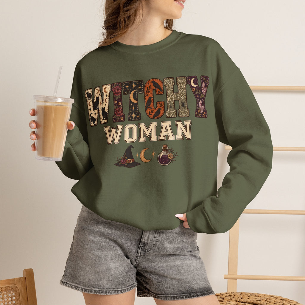 Wicked Thread Society olive green crewneck sweatshirt featuring a Witchy Woman graphic with moon and potion motifs.